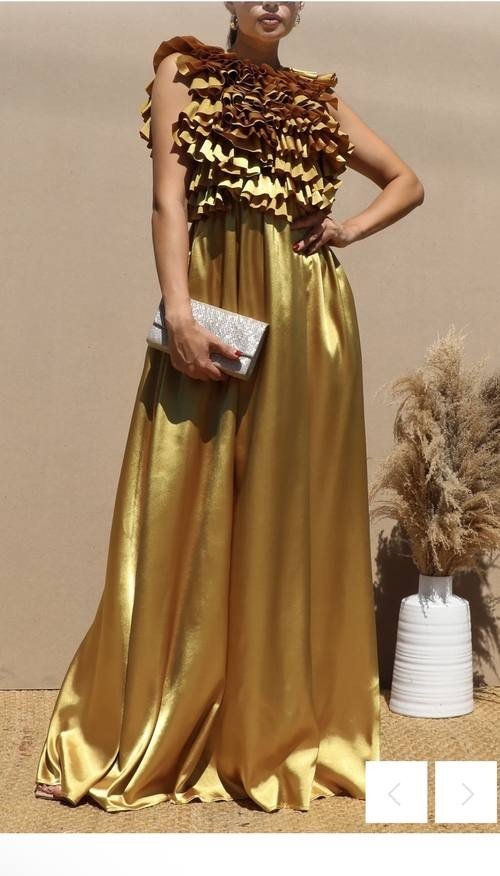 Vestido Maxi de Saten con Volantes en el Escote